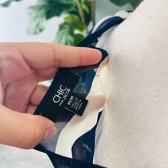 Chic By Jacob Navy Blue Tan Pleated Sheer Stripe Dress - Picture 4 of 7